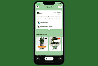 Screen show of the Grow it app homepage showing plant care tasks, garden overview with 6 plants, and quick action option featuring a community and plant recommendation feature