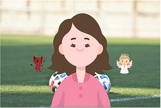 A cartoon representation of a woman with a soccer ball, flanked by a small devil character on one side and an angel character on the other, set against the backdrop of a soccer field. This imagery often represents a person faced with a moral dilemma, with the angel and devil symbolizing the conflicting choices of good and bad.
