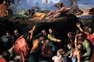 A painting by Raphael depicting the Transfiguration. Jesus, Moses and Elijah float in the air, with Peter, James and John laying on a rock below them and other disciples, in a state of agitated excitement, below them.