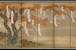 Poem slips on a maple tree — https://www.artic.edu/artworks/127643/flowering-cherry-and-autumn-maples-with-poem-slips
