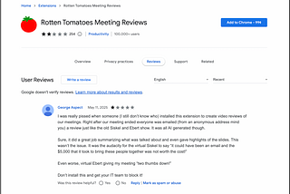 Google Chrome Web Store entry for the (design fictional) Rotten Tomatoes Meeting Reviews extension.