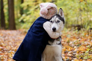 A girl hugs a dog.