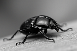 A black and white AI generated photo style image of a beetle