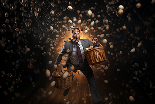A photo of a man tripping while carrying two baskets full of eggs; eggs are flying out, the man is surprised.