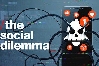 Poster of /The Social Dilemma movie, a phone screen with a notification bell logo combined with a skull