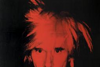 self-portrait of Andy Warhol, produced with his silk-screen printing method, leaving his face in bright red color