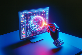 Vividly colored banner featuring a stylized, neon-lit representation of a hand using a digital pen on a graphics tablet. The tablet displays a dynamic and detailed holographic projection of a 3D sphere, intricately connected by digital nodes and lines, symbolizing advanced 3D digital product creation. The background is dark, emphasizing the bright colors of the hologram and the interface of the tablet. The top text reads ‘Overcoming Challenges in 3D Digital Product Creation,’ with the Designhubz