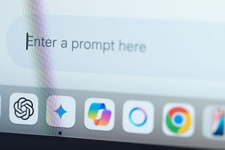 A digital screen showing an AI prompt box and some apps in the dock below.