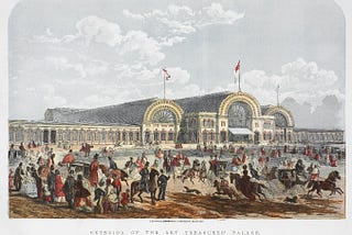 Vast iron and glass structure with central barrel vault and wide hip vault on each side. Crowds, horses and carriages outside