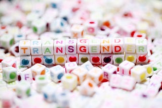 Photo of colourful square beads that spell out “Transgender”.