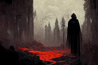 Black silhouette in the dark forest