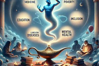 Genie out of a magical lamp, bringing solution for medicine, poverty, inclusion, etc.