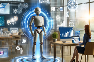 A conceptual image depicting the integration of marketing and AI. The artwork features a modern office setting with a large digital display showing graphs