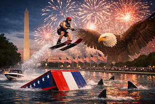 water skier at Reflecting Pool jumping over sharks with giant eagle in foreground and flags in background