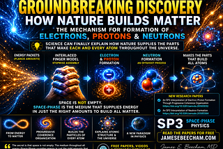A futuristic science poster showing glowing electrons, protons, and neutrons emerging from streams of energy particles. Bright blue and gold energy pathways converge toward atomic structures in the center of the image. Scientific diagrams, coherence patterns, and particle formation graphics surround the scene, illustrating a proposed step-by-step assembly process that transforms energy into matter within the SP3 Space-Phase framework. The design uses cinematic cosmic visuals and modern particle