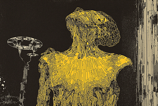 A striking illustration of a humanoid figure composed of intricate yellow lines and geometric shapes, emanating a radiant glow from its chest, creating a sense of energy and life. In the background, two futuristic spacecraft hover against a stark black backdrop, with faint outlines and intricate details adding depth to the scene.