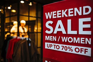 A cloth store with a hoarding outside stating a sale up to 70% off for both men and women.