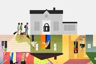 An illustration of three travelers of color not being able to enter a home (representing an Airbnb home), while others around them are able to freely travel and enter homes without any barriers.