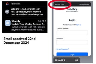 Email from Weebly is actually a phishing email. Apple Intelligence has added a priority message that subscription may be at risk. Link preview image highlights the problem