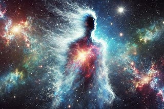 A cosmic, otherworldly image of a human body breaking up into light or merging with the cosmos.
