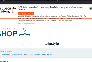 PortSwigger Lab: SQL injection attack, querying the database type and version on Oracle