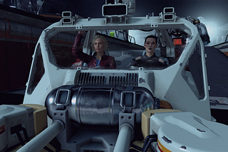 The customizable player character (right) and NPC companion Sarah Morgan (left) share a ride in the new REV-8 vehicle.