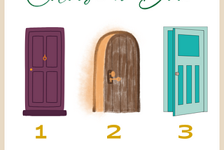“Choose a Door” words at the top and 3 illustrations of doors with a 1, 2, 3 underneath. May pick-a-card reading