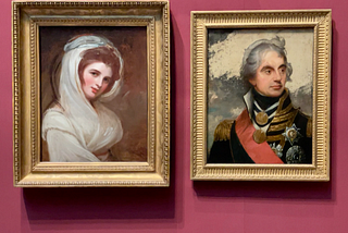 Two side by side portraits — one of Emma Hamilton and one of Horatio Nelson.