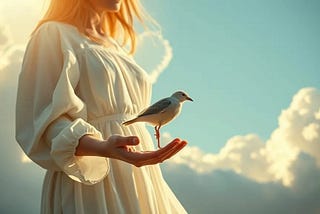 woman in a white dress with a bird in her outstretched hand