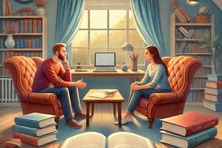 A cozy setting with two people engaged in a deep conversation, one person attentively listening while the other speaks. They are surrounded by books and writing materials. The background shows a peaceful, well-lit room with a desk, computer, and open books, symbolizing the connection between active listening and writing.