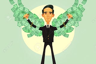An animated man standing with cash in hand