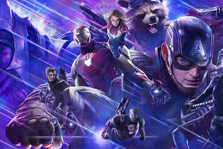 A collage of Marvel film heroes, including Captain America, Rocket, Captain Marvel, Iron Man, Hawkeye, War Machine, Black Widow, and Thanos, as a promotional art for Avengers: Endgame.