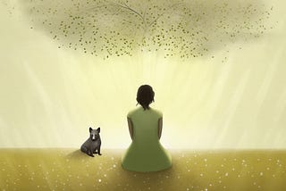 Image of a woman sitting on the ground looking away from us, and a dog next to her.