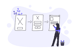 Illustration of a designer drawing a user flow through three screens