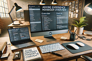 A developer’s workspace with a lecture on Adobe Experience Manager Overview displayed on the computer screen.