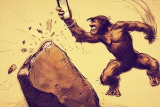 Prehistoric human, trying to smash his phone onto a rock.