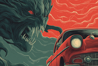 A monster in the clouds appears to be chasing a classic car against a background of storm clouds in red and gray