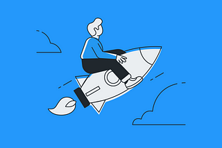 An illustration of a man riding a rocketship