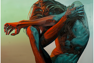 Oil painting of a colorfully lit contorted naked figure covering face