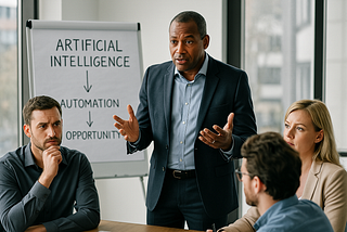 A business leader presents a strategy on artificial intelligence to a diverse team in a modern office. A flip chart behind him shows “Artificial Intelligence → Automation → Opportunity,” while team members listen with serious, engaged expressions, reflecting the weight of upcoming decisions.