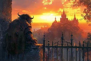 horned fantasy beast sitting on gate looking at castle at sunset