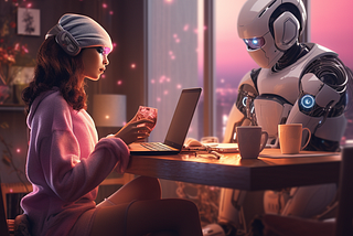 human lady is interacting with the robot, digital image