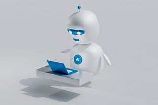 A white robot with AI written on its chest looking at a blue laptop