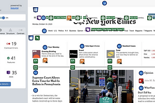 A screenshot of the New York Times home page being analyzed by WAVE.