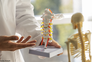 Pessoa de jaleco segura modelo anatômico da coluna vertebral com nervos coloridos, enquanto gesticula explicando; ao fundo, esqueleto humano desfocado em ambiente clínico.
