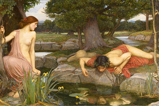 Narcissus staring in pool at his reflection.