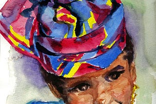 Watercolor portrait of a girl in keti Koti headress from Suriname from the author’s personal art journals
