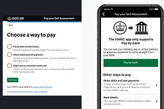 Screenshot comparison between the web and the app of choosing your method to pay your Self Assessment.