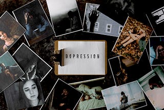 A montage of photos of women surrounding a clipboard with a sheet of paper with the word “Depression” on it.