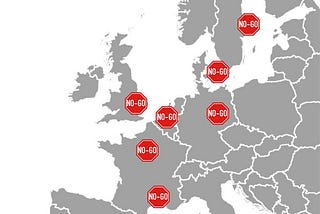 Map of Europe with red signs saying “no-go” over major cities